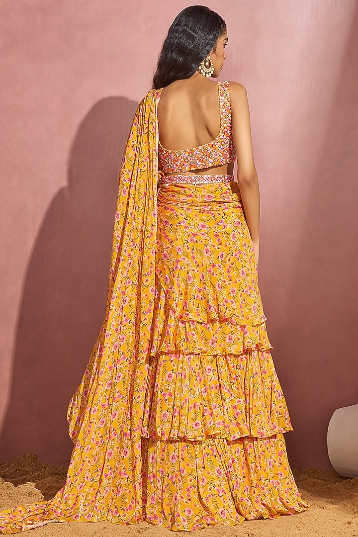 Yellow Chiffon Pre-Stitched Wedding Saree Set by Aneesh Agarwaal PRET at Pernia's Pop Up Shop