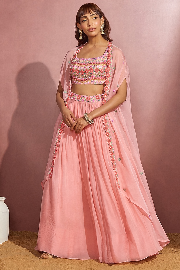 Peach Embroidered Skirt Set by Aneesh Agarwaal PRET