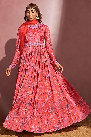 Coral Printed Anarkali Set by Aneesh Agarwaal PRET