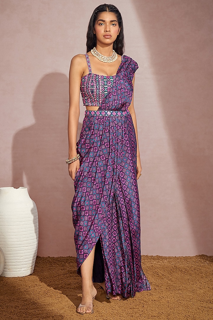 Purple Habutai Silk Printed Pre-Stitched Saree Set by Aneesh Agarwaal PRET