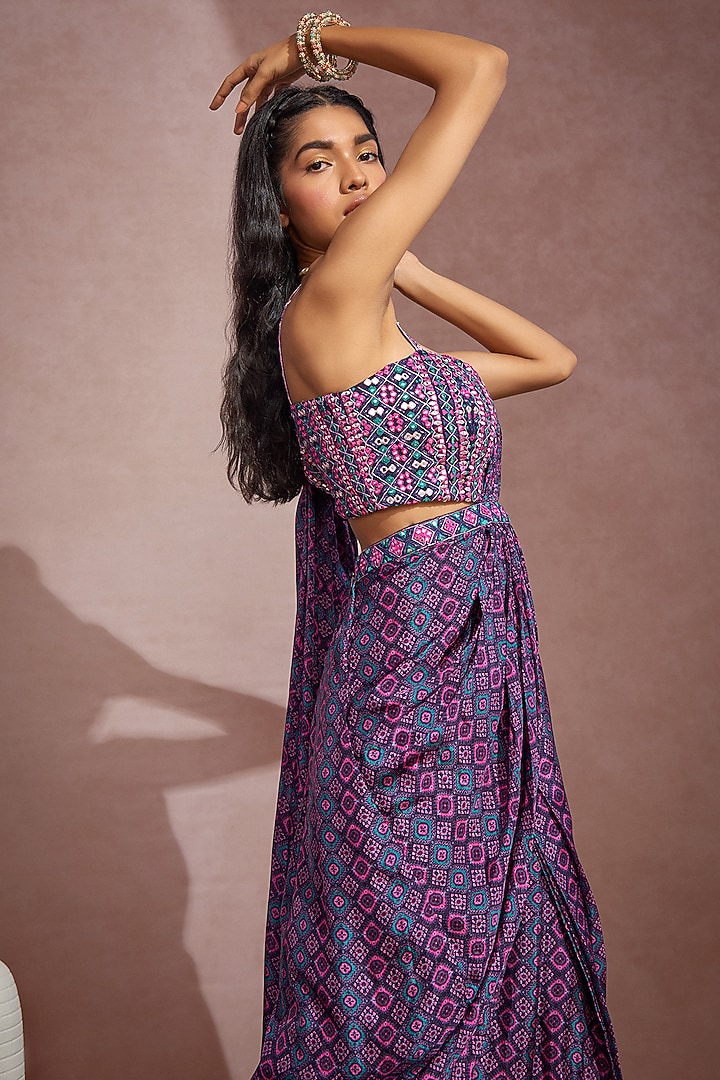 Purple Habutai Silk Printed Pre-Stitched Wedding Saree Set by Aneesh Agarwaal PRET at Pernia's Pop Up Shop