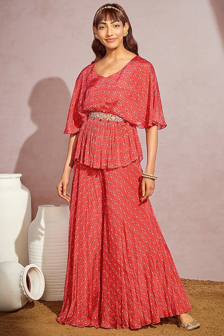 Red Chiffon Printed Sharara Set by Aneesh Agarwaal PRET at Pernia's Pop Up Shop