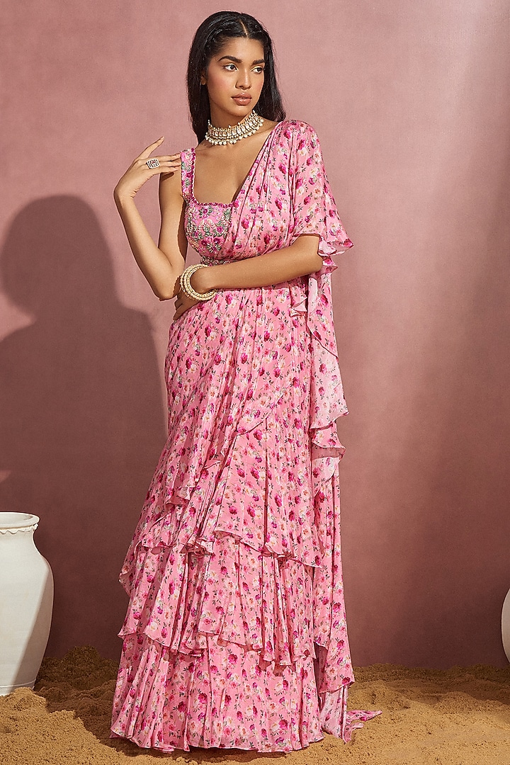 Rose Pink Chiffon Printed Draped Saree Set by Aneesh Agarwaal PRET