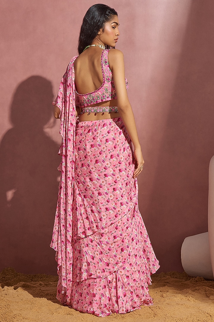 Rose Pink Chiffon Printed Draped Wedding Saree Set by Aneesh Agarwaal PRET at Pernia's Pop Up Shop
