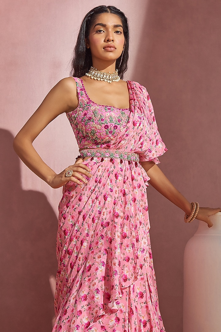 Rose Pink Chiffon Printed Draped Wedding Saree Set by Aneesh Agarwaal PRET at Pernia's Pop Up Shop