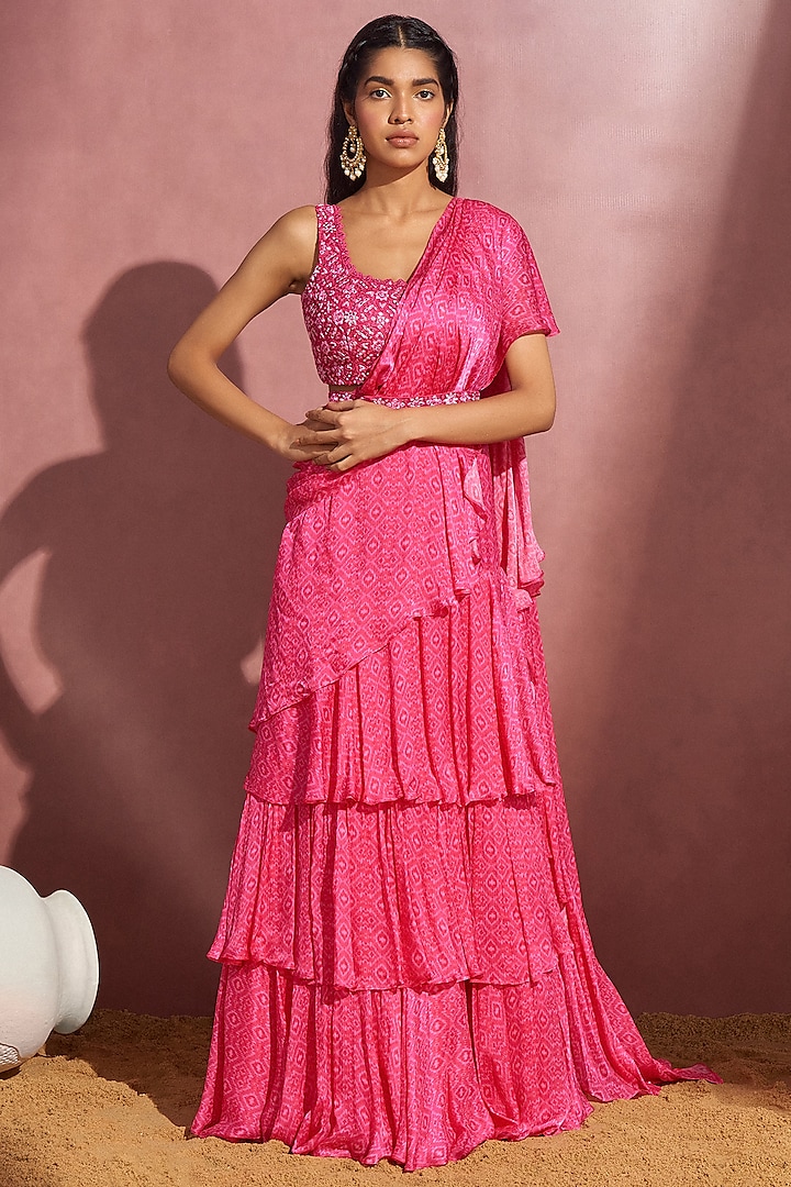 Rani Pink Embroidered Draped Saree Set by Aneesh Agarwaal PRET
