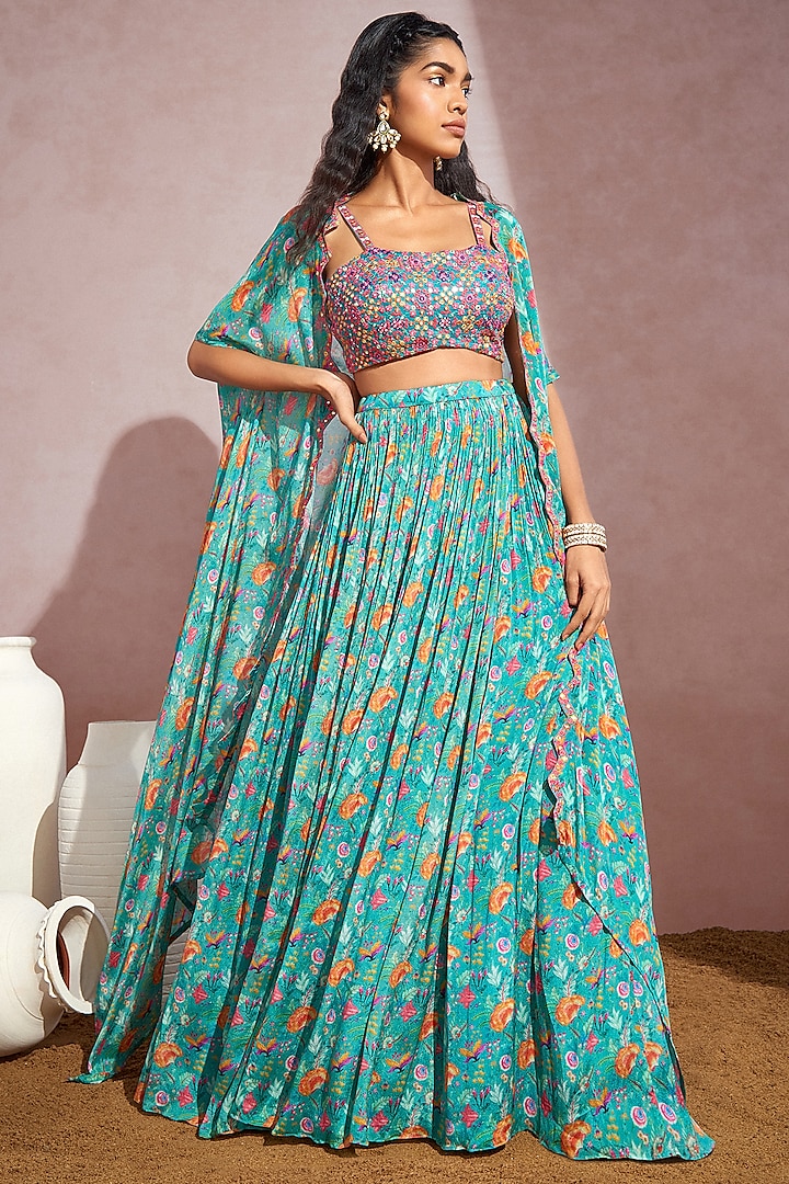 Teal Embroidered Skirt Set by Aneesh Agarwaal PRET