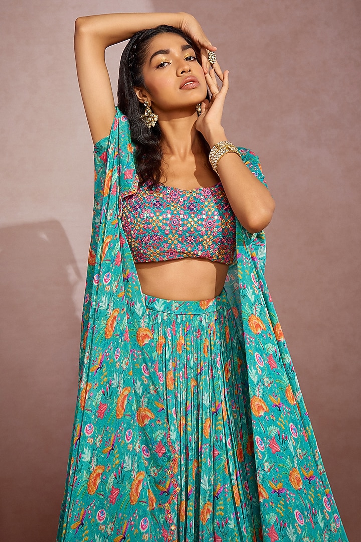 Teal Embroidered Skirt Set by Aneesh Agarwaal PRET at Pernia's Pop Up Shop
