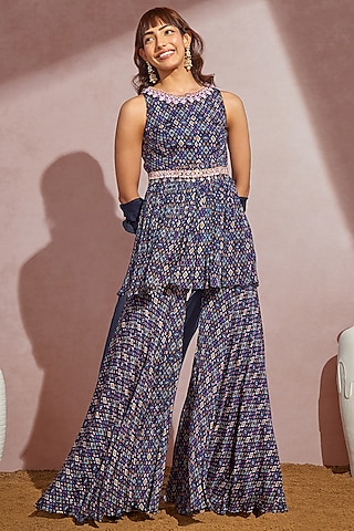 Navy Chiffon Sharara Set by Aneesh Agarwaal PRET