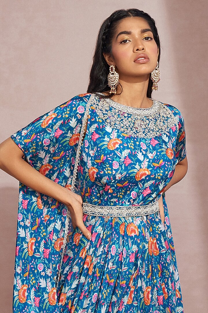 Royal Blue Embroidered Jumpsuit With Cape by Aneesh Agarwaal PRET at Pernia's Pop Up Shop
