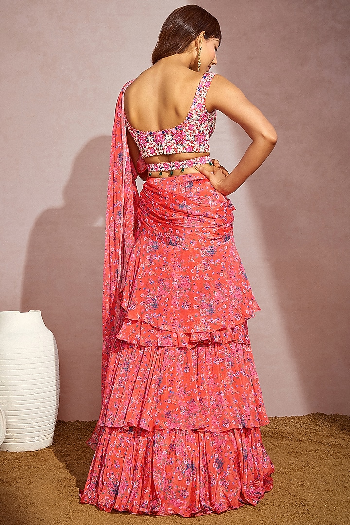 Coral Chiffon & Organza Printed Layered Draped Wedding Saree Set by Aneesh Agarwaal PRET at Pernia's Pop Up Shop