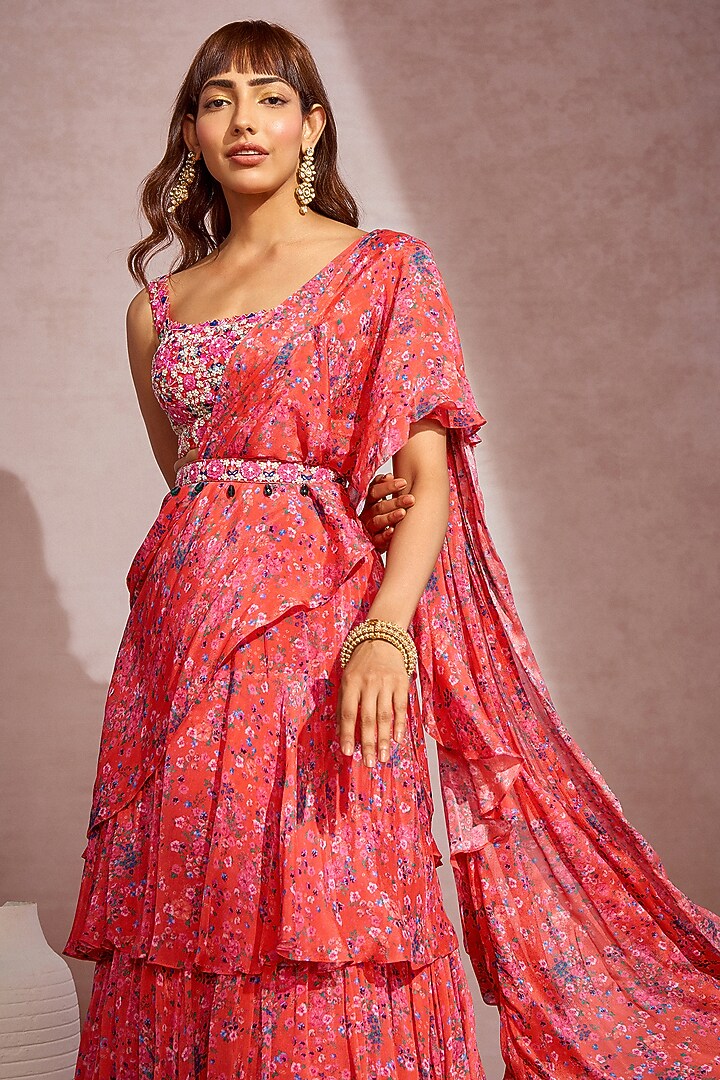 Coral Chiffon & Organza Printed Layered Draped Wedding Saree Set by Aneesh Agarwaal PRET at Pernia's Pop Up Shop