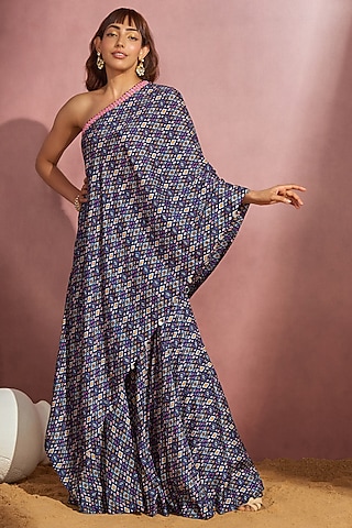 Navy Blue Silk Embroidered Sharara Set by Aneesh Agarwaal PRET