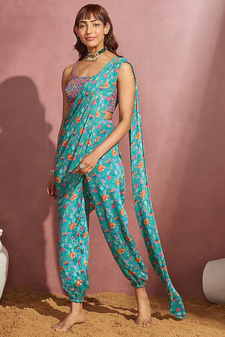 Teal Embroidered Jumpsuit Saree by Aneesh Agarwaal PRET