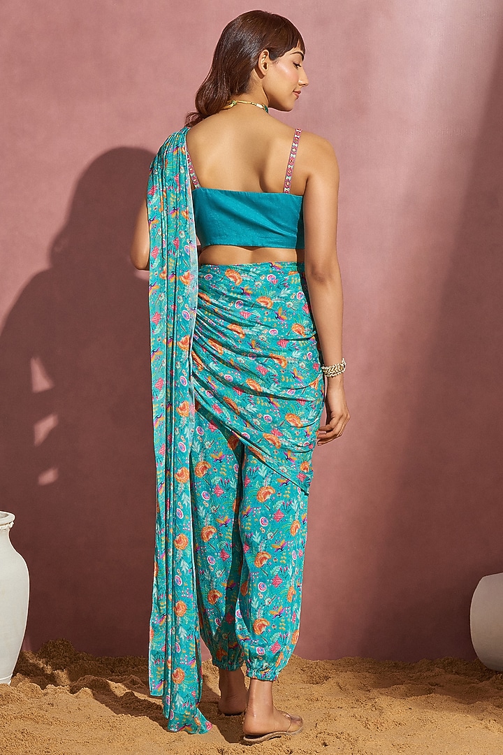 Teal Chiffon & Organza Draped Jumpsuit Wedding Saree Set by Aneesh Agarwaal PRET at Pernia's Pop Up Shop