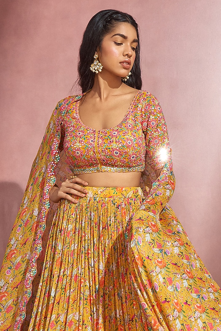 Mustard Yellow Chiffon Embroidered Wedding Lehenga Set by Aneesh Agarwaal PRET at Pernia's Pop Up Shop