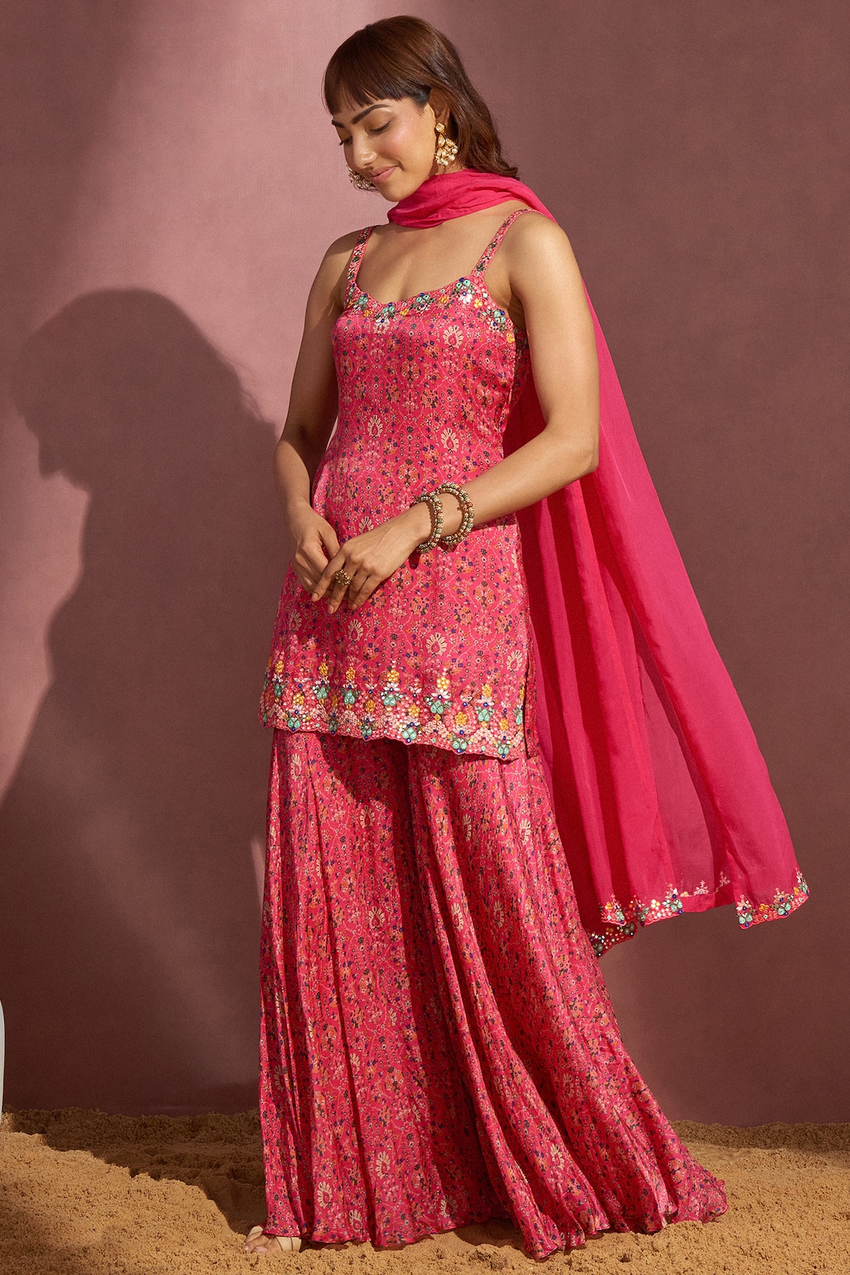 Girl Embroidered Sharara Set-Pink