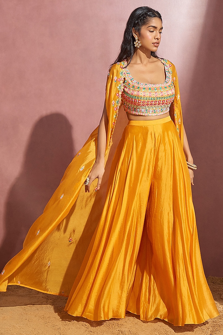 Yellow Silk Embroidered Sharara Set by Aneesh Agarwaal PRET