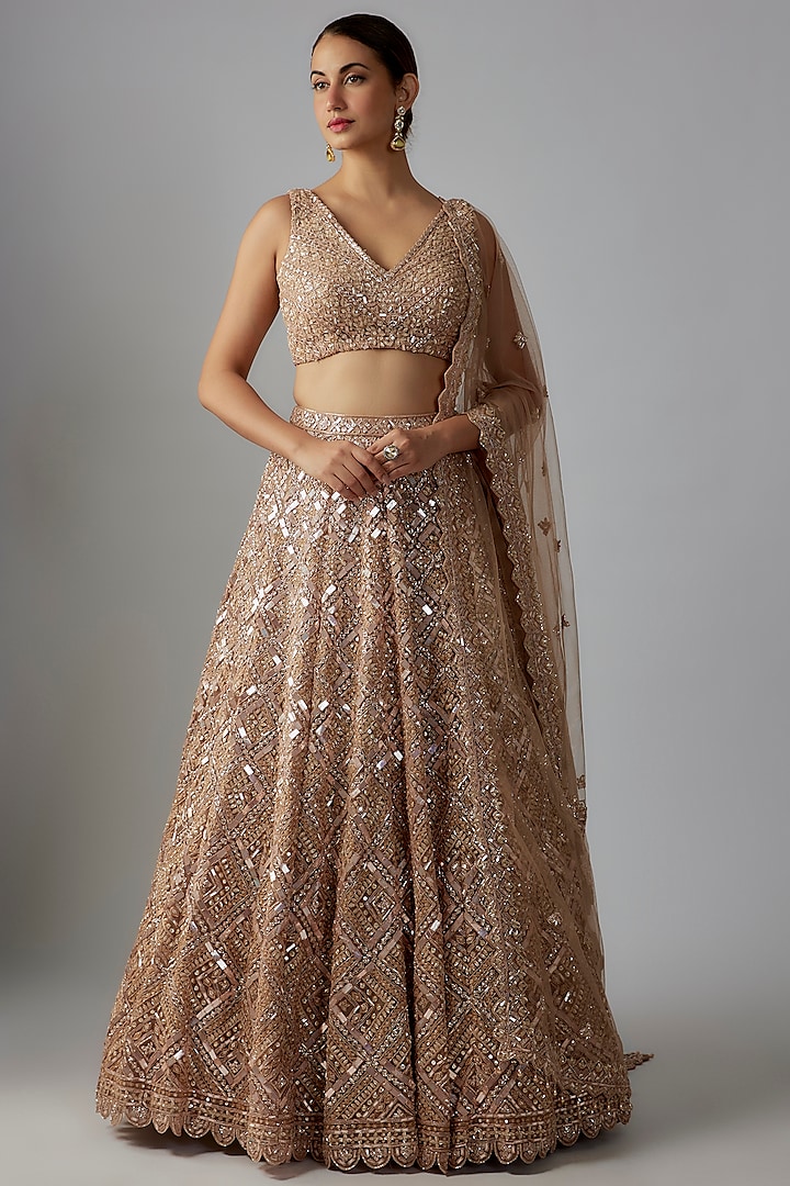 Gold Net Sequins Embroidered Bridal Lehenga Set by Aneesh Agarwaal at Pernia's Pop Up Shop