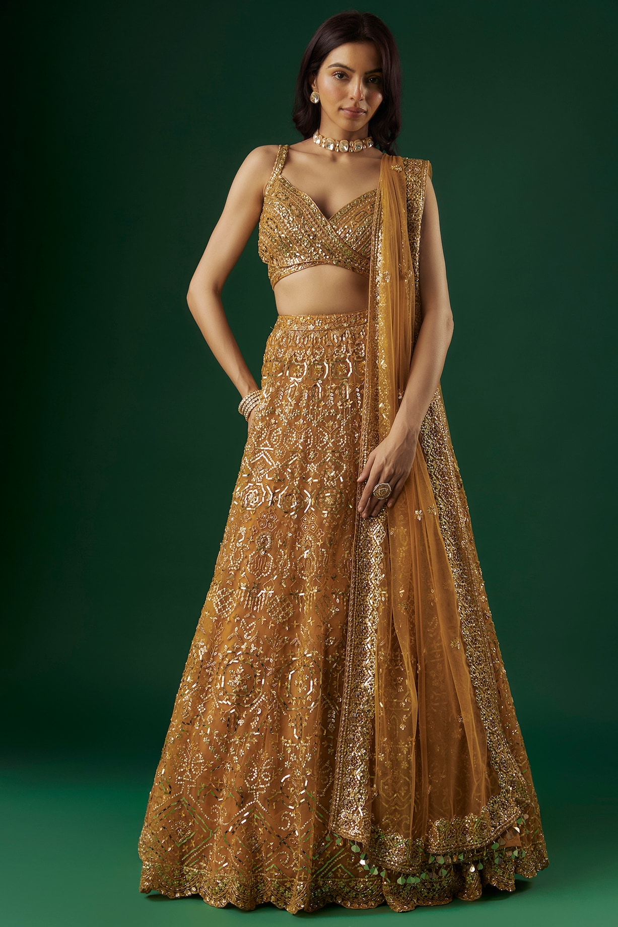 Amber Gold Tulle Metallic Sequins Embroidered Bridal Lehenga Set by Aneesh  Agarwaal at Pernia's Pop Up Shop 2026