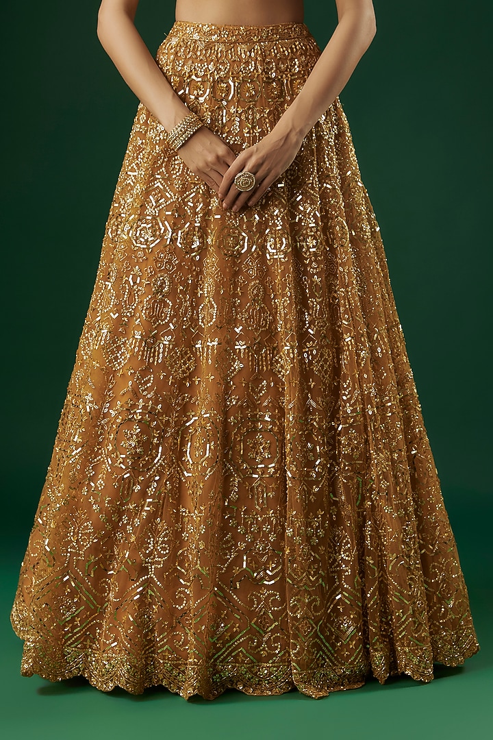 Amber Gold Tulle Metallic Sequins Embroidered Bridal Lehenga Set by Aneesh Agarwaal at Pernia's Pop Up Shop
