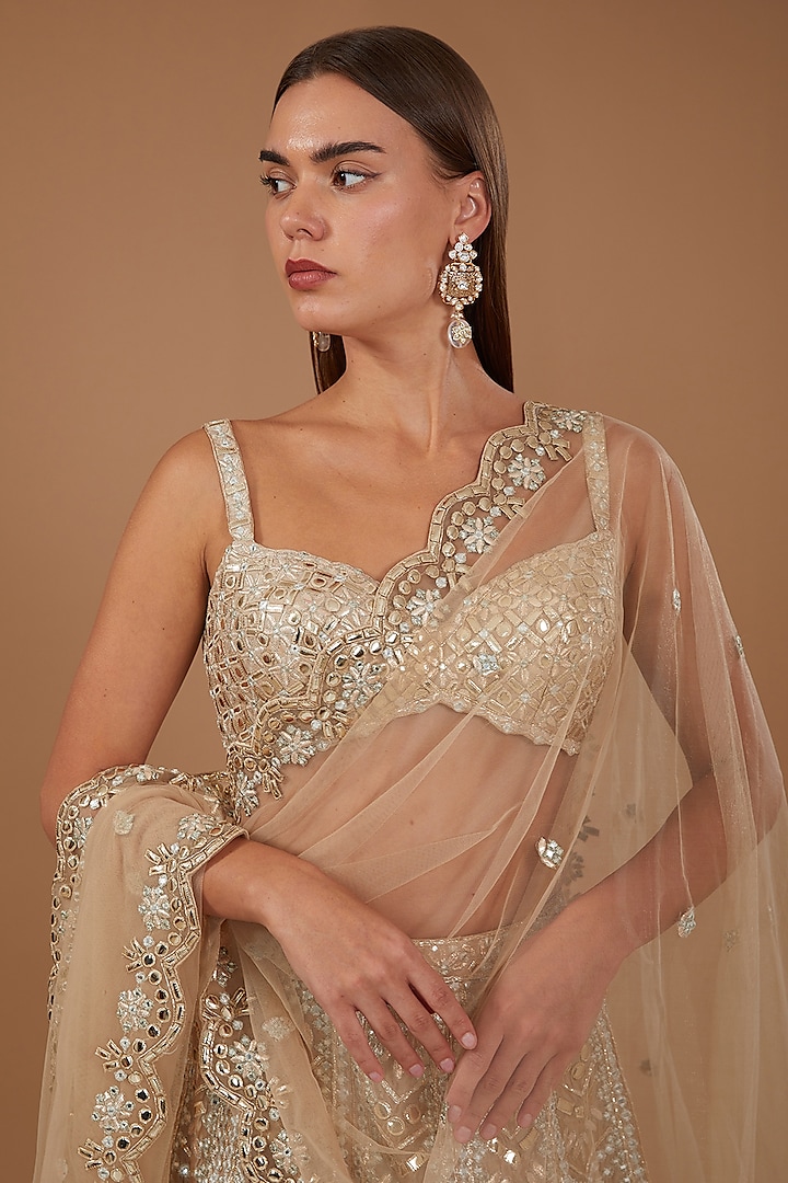 Gold Silk Organza Mirror Embroidered Bridal Lehenga Set by Aneesh Agarwaal at Pernia's Pop Up Shop