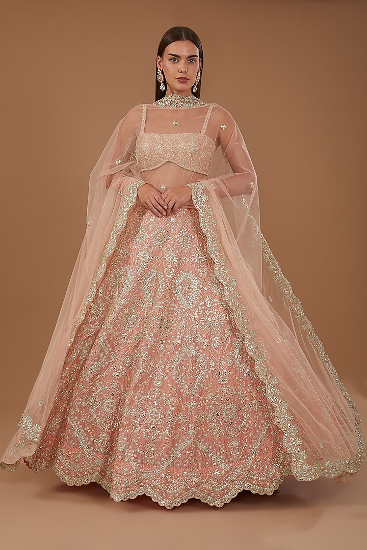 Peach Silk Organza Cutdana Embroidered Bridal Lehenga Set by Aneesh Agarwaal at Pernia's Pop Up Shop