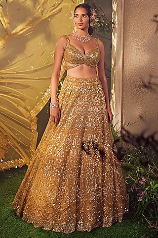 Amber Gold Tulle Embroidered Lehenga Set by Aneesh Agarwaal