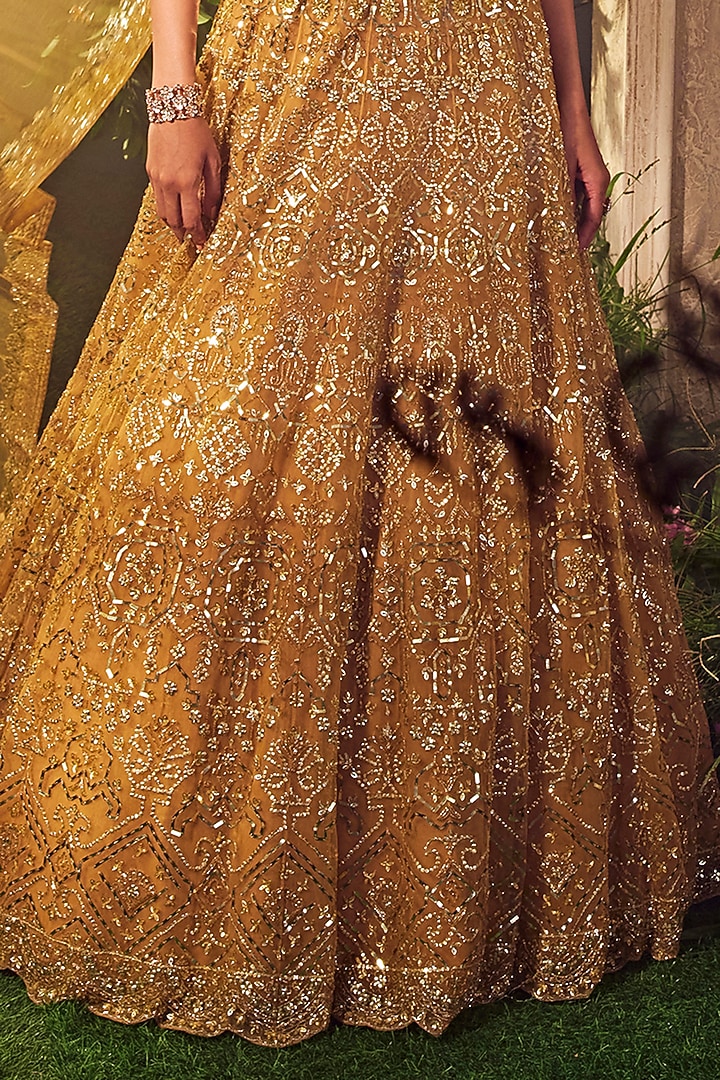 Amber Gold Tulle Embroidered Bridal Lehenga Set by Aneesh Agarwaal at Pernia's Pop Up Shop