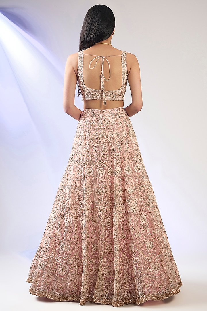 Candy Pink Net Embroidered Bridal Lehenga Set by Aneesh Agarwaal at Pernia's Pop Up Shop