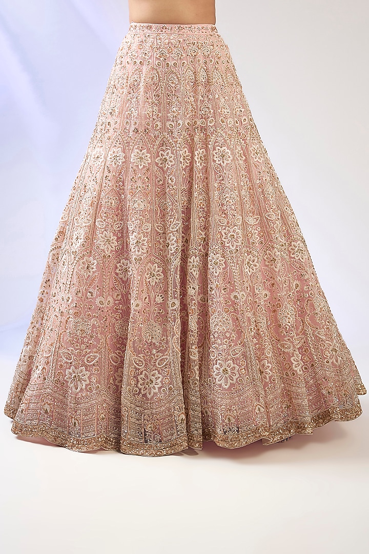 Candy Pink Net Embroidered Bridal Lehenga Set by Aneesh Agarwaal at Pernia's Pop Up Shop
