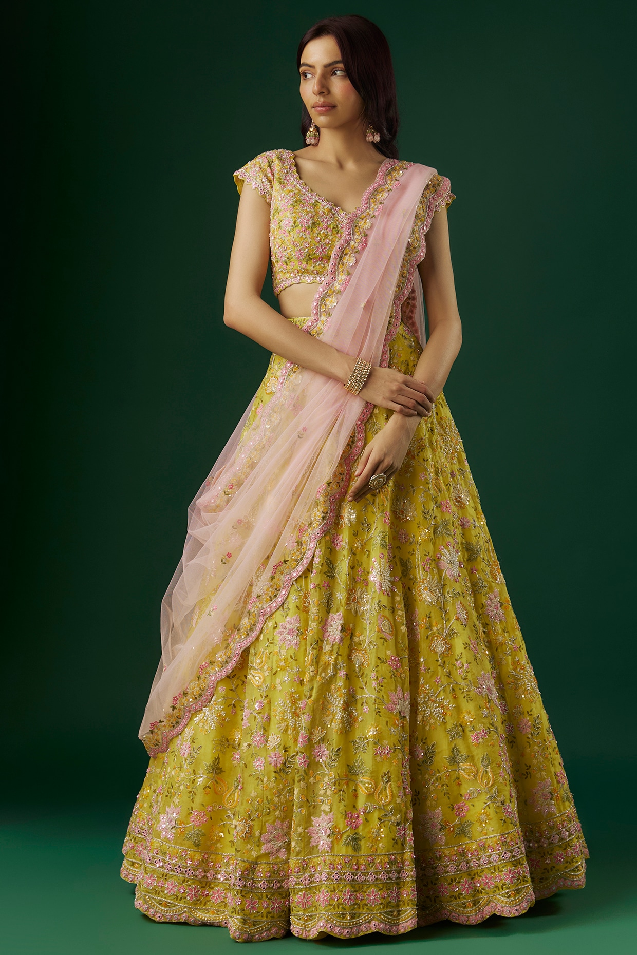 Embroidered Crepe Lehenga in Neon Green : LYC2094