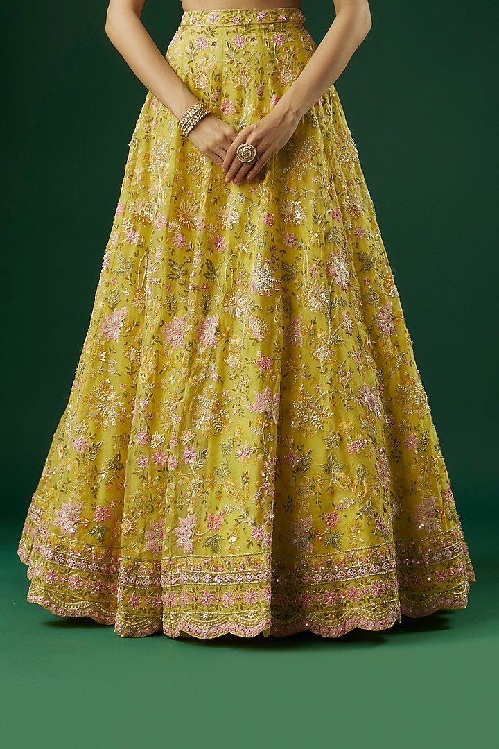 Lime Green Silk Organza Hand Embroidered Bridal Lehenga Set by Aneesh Agarwaal at Pernia's Pop Up Shop