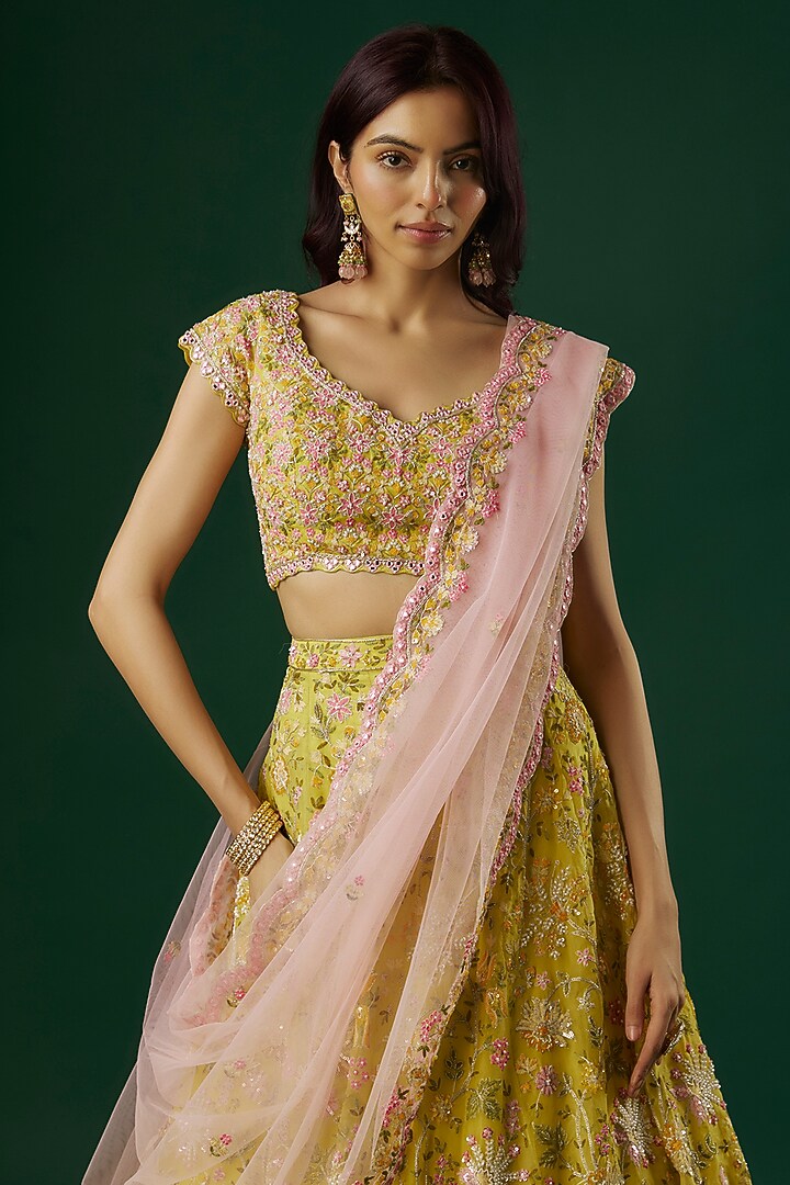 Lime Green Silk Organza Hand Embroidered Bridal Lehenga Set by Aneesh Agarwaal at Pernia's Pop Up Shop