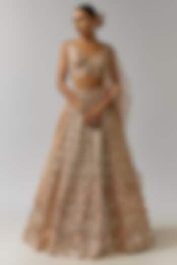 Bronze Net Foil Applique Embroidered Bridal Lehenga Set by Aneesh Agarwaal at Pernia's Pop Up Shop