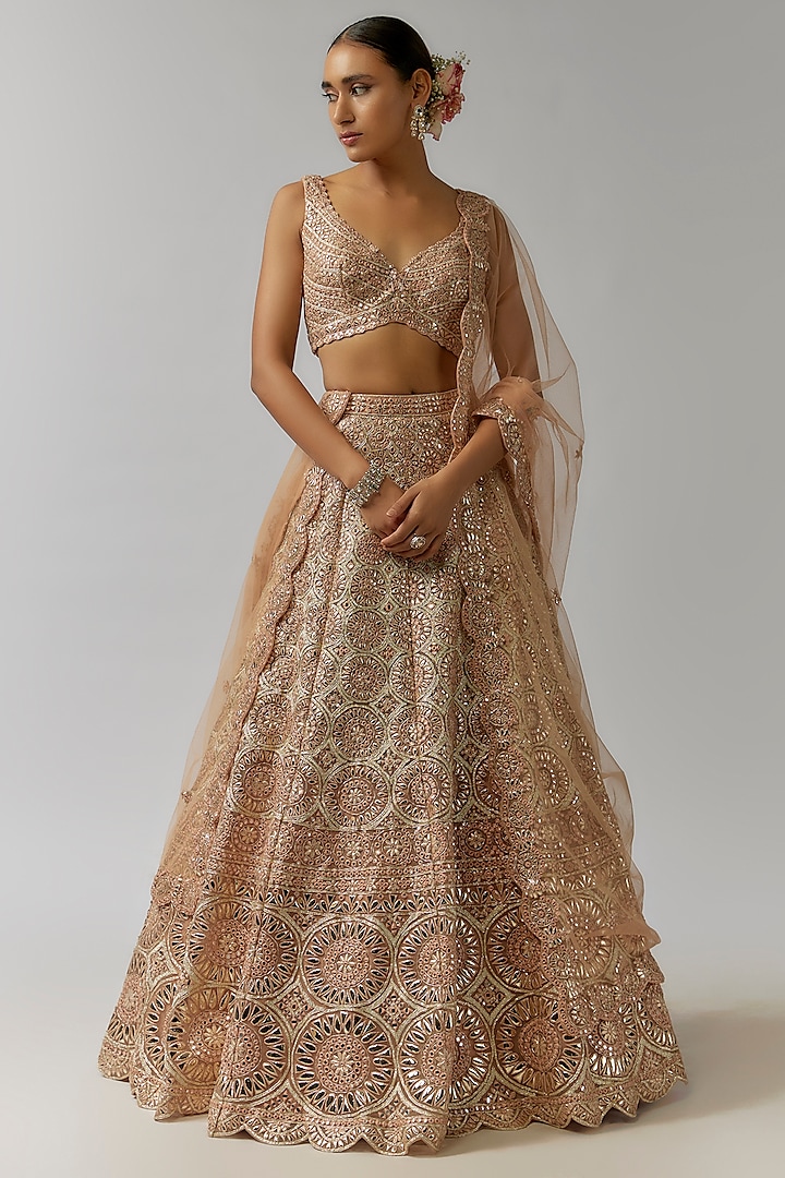 Bronze Net Foil Applique Embroidered Bridal Lehenga Set by Aneesh Agarwaal at Pernia's Pop Up Shop