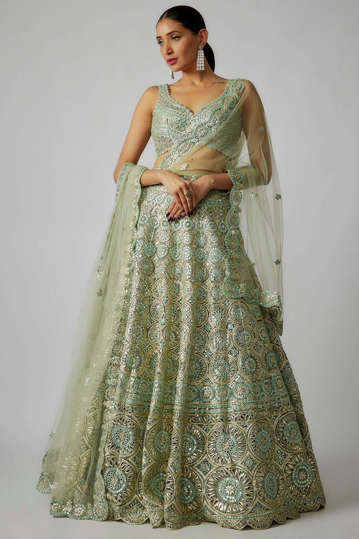 Net Light Green Lehenga Choli Pakistani Wedding Dress – Nameera by Farooq