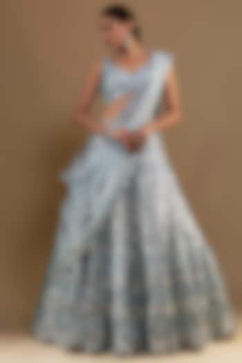 Blue Net Thread & Foil Applique Embroidered Wedding Lehenga Set by Aneesh Agarwaal at Pernia's Pop Up Shop