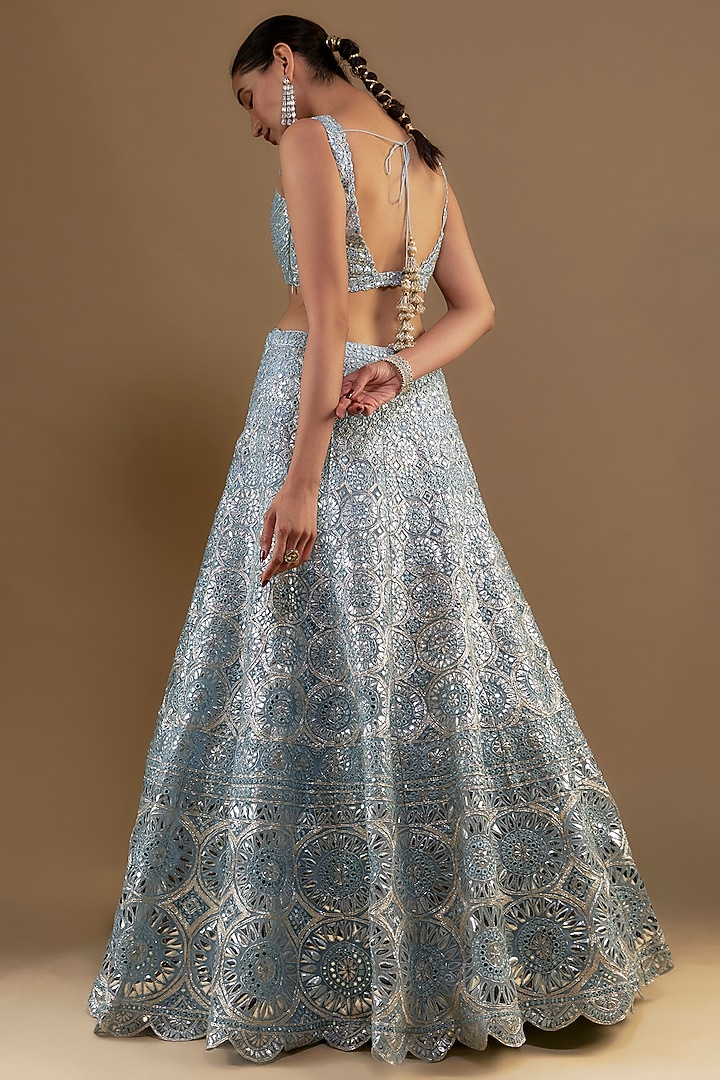 Blue Net Thread & Foil Applique Embroidered Bridal Lehenga Set by Aneesh Agarwaal at Pernia's Pop Up Shop