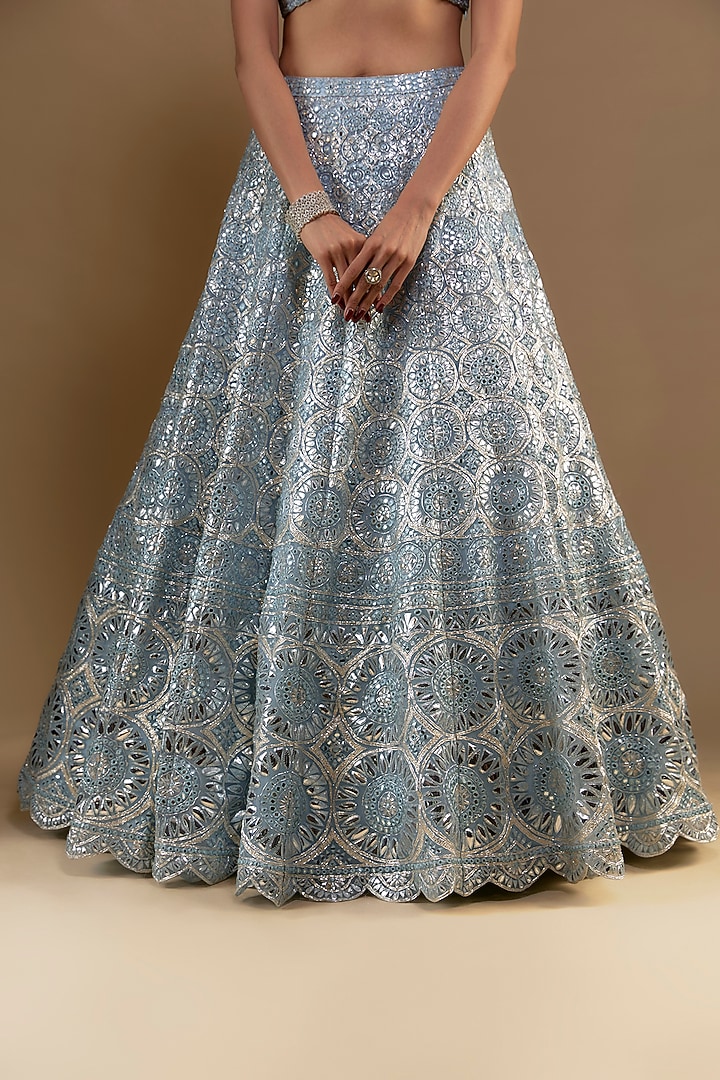 Blue Net Thread & Foil Applique Embroidered Bridal Lehenga Set by Aneesh Agarwaal at Pernia's Pop Up Shop
