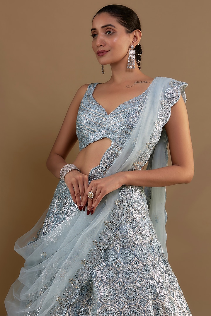 Blue Net Thread & Foil Applique Embroidered Bridal Lehenga Set by Aneesh Agarwaal at Pernia's Pop Up Shop