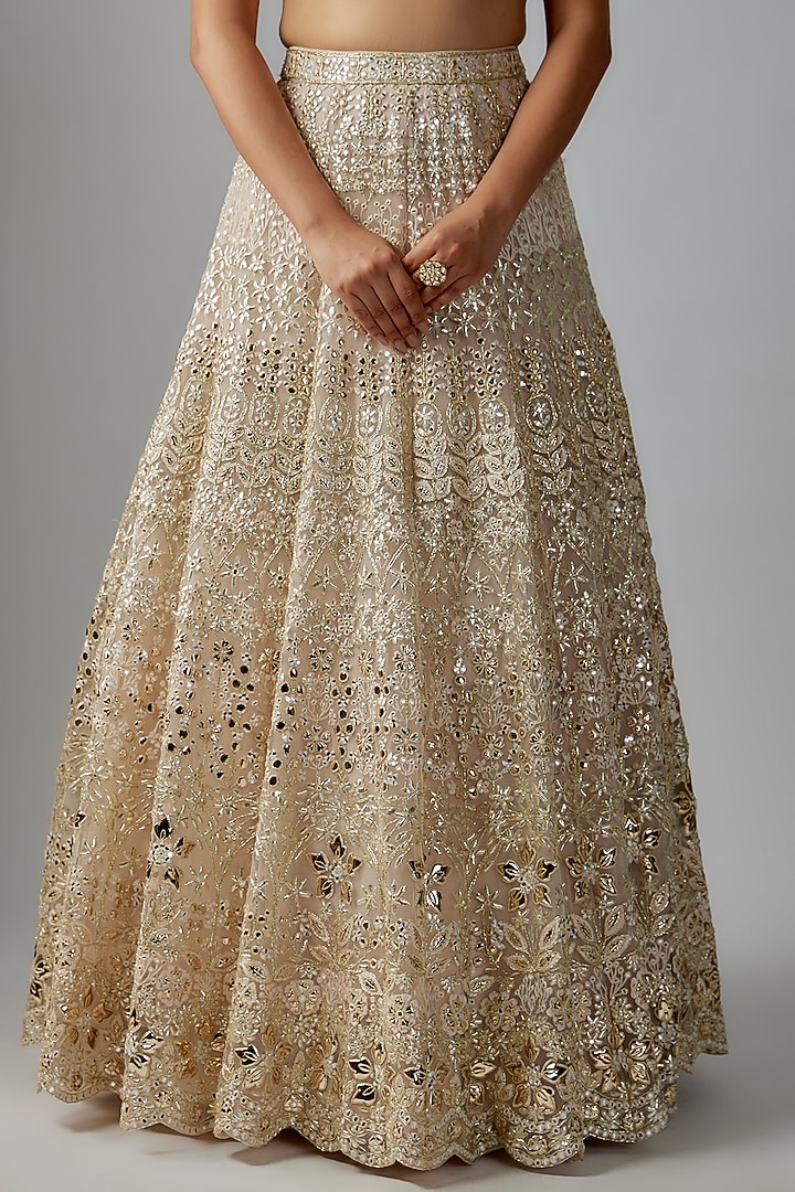 Beige Gold Net Mirror Embroidered Bridal Lehenga Set by Aneesh Agarwaal at Pernia's Pop Up Shop