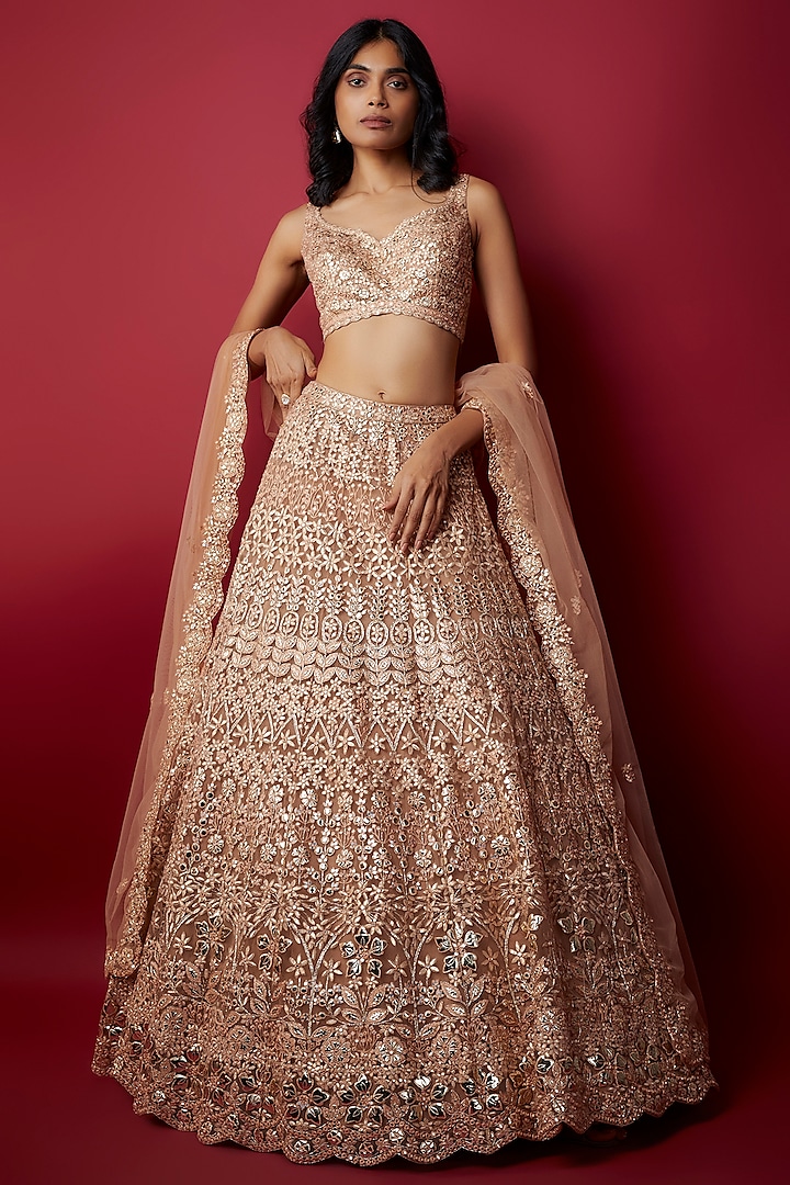 Gold Silk Taffeta Foil Applique & Mirror Embroidered Wedding Lehenga Set by Aneesh Agarwaal at Pernia's Pop Up Shop