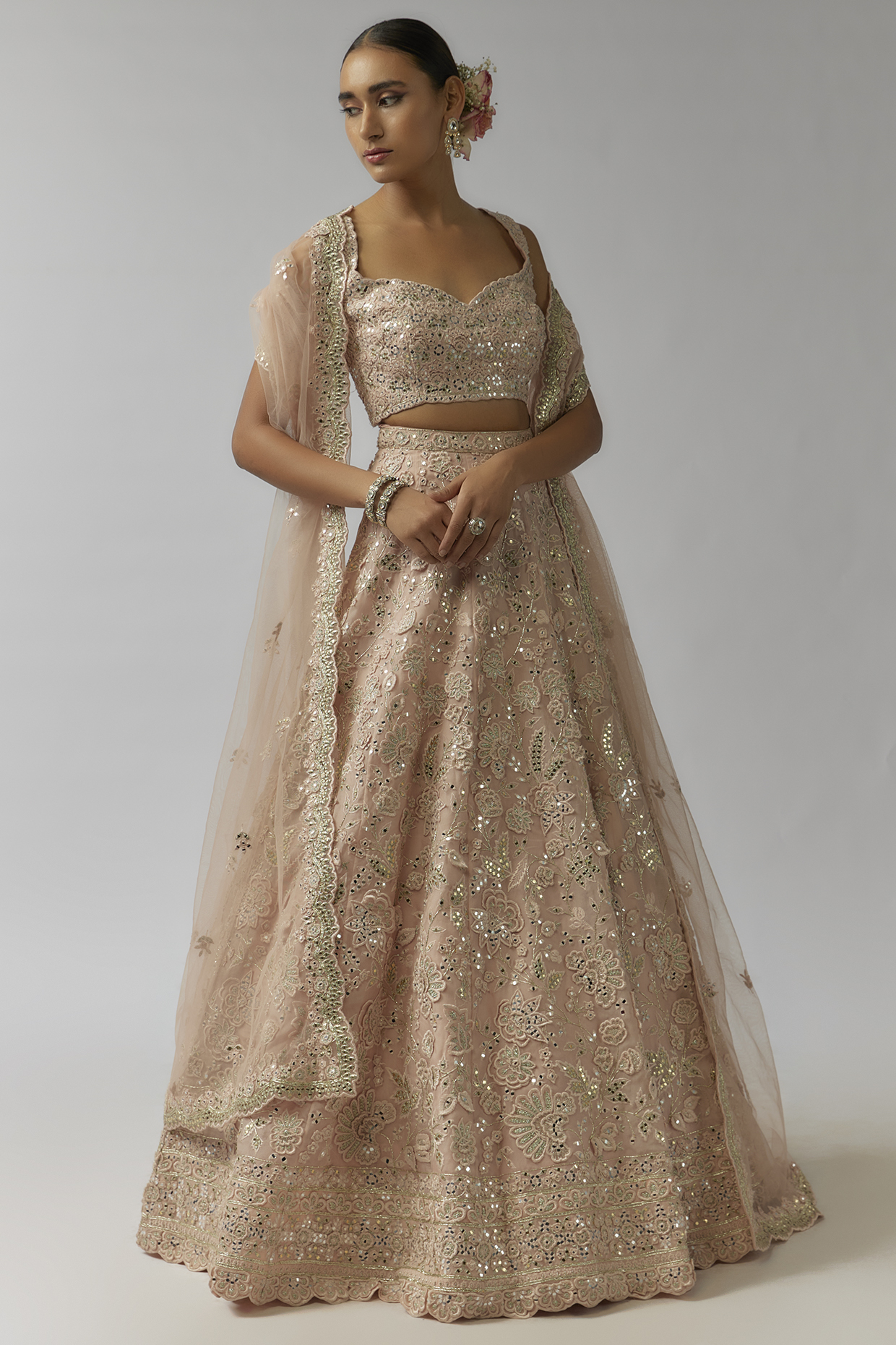 Pink Net Mirror & Thread Embroidered Bridal Lehenga Set by Aneesh Agarwaal at Pernia's Pop Up Shop