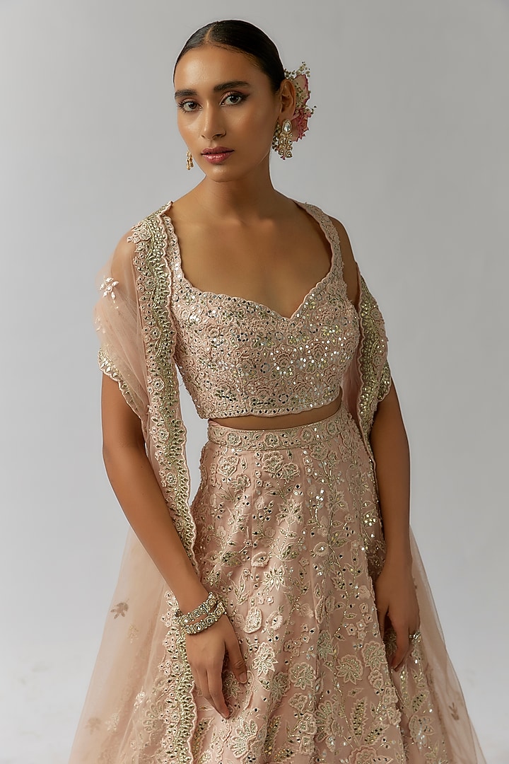 Pink Net Mirror & Thread Embroidered Bridal Lehenga Set by Aneesh Agarwaal at Pernia's Pop Up Shop
