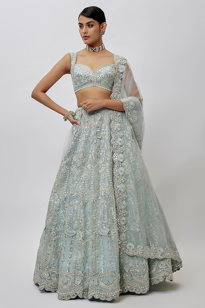 Sky Blue Silk Organza Bridal Lehenga Set by Aneesh Agarwaal at Pernia's Pop Up Shop