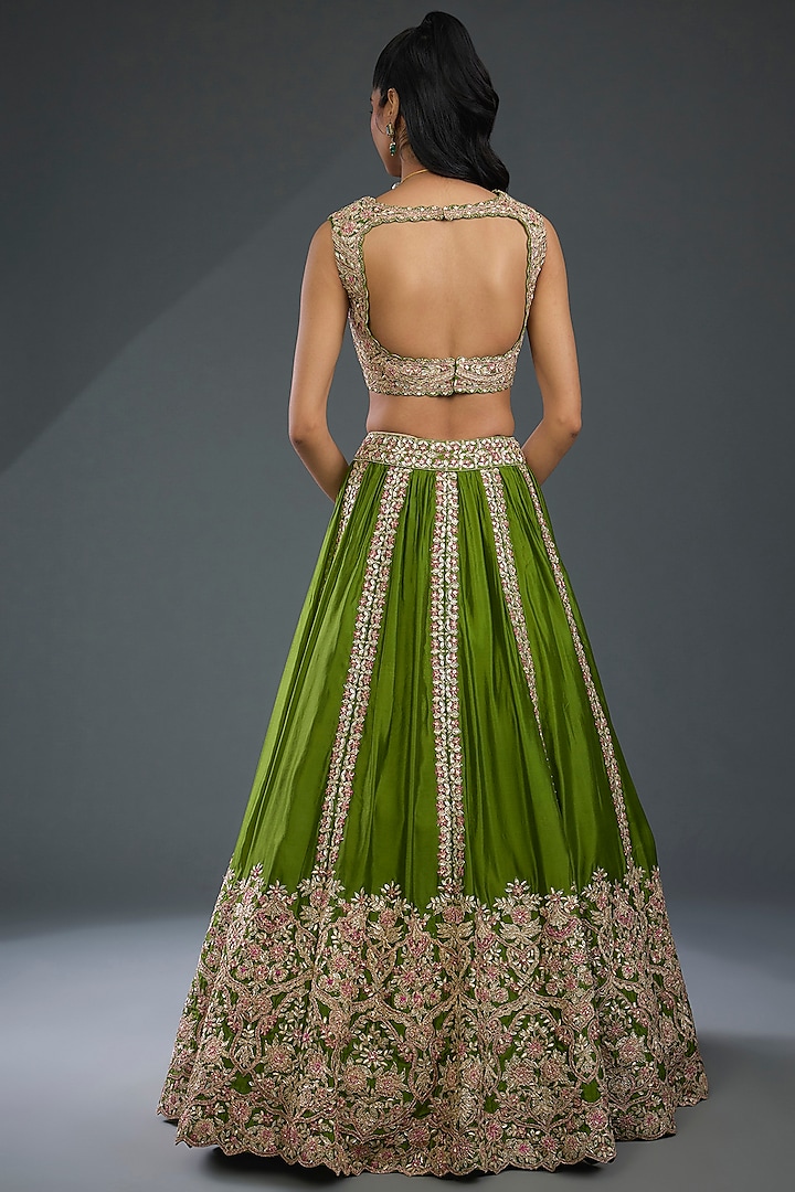 Mehendi Green Pure Italian Silk Bridal Lehenga Set by Aneesh Agarwaal at Pernia's Pop Up Shop