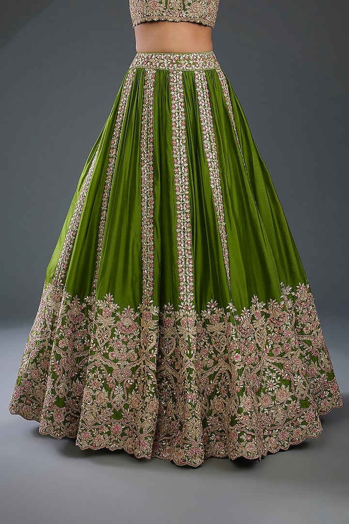 Mehendi Green Pure Italian Silk Bridal Lehenga Set by Aneesh Agarwaal at Pernia's Pop Up Shop