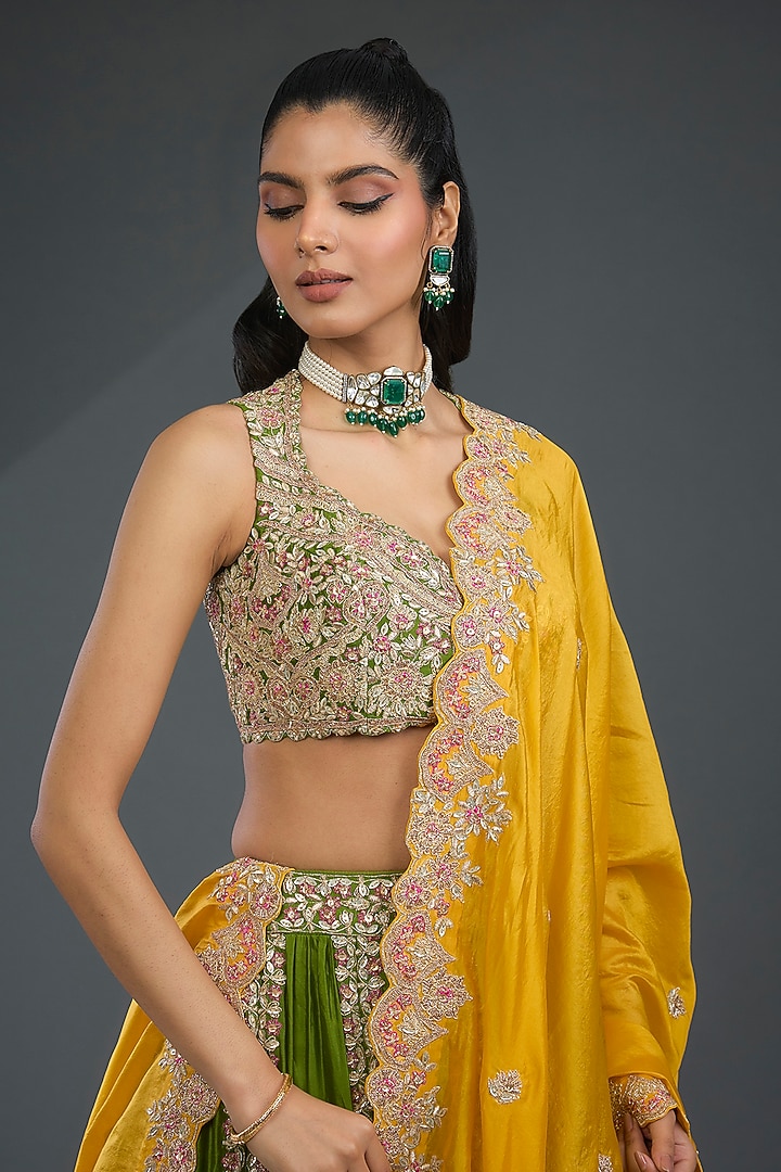 Mehendi Green Pure Italian Silk Bridal Lehenga Set by Aneesh Agarwaal at Pernia's Pop Up Shop