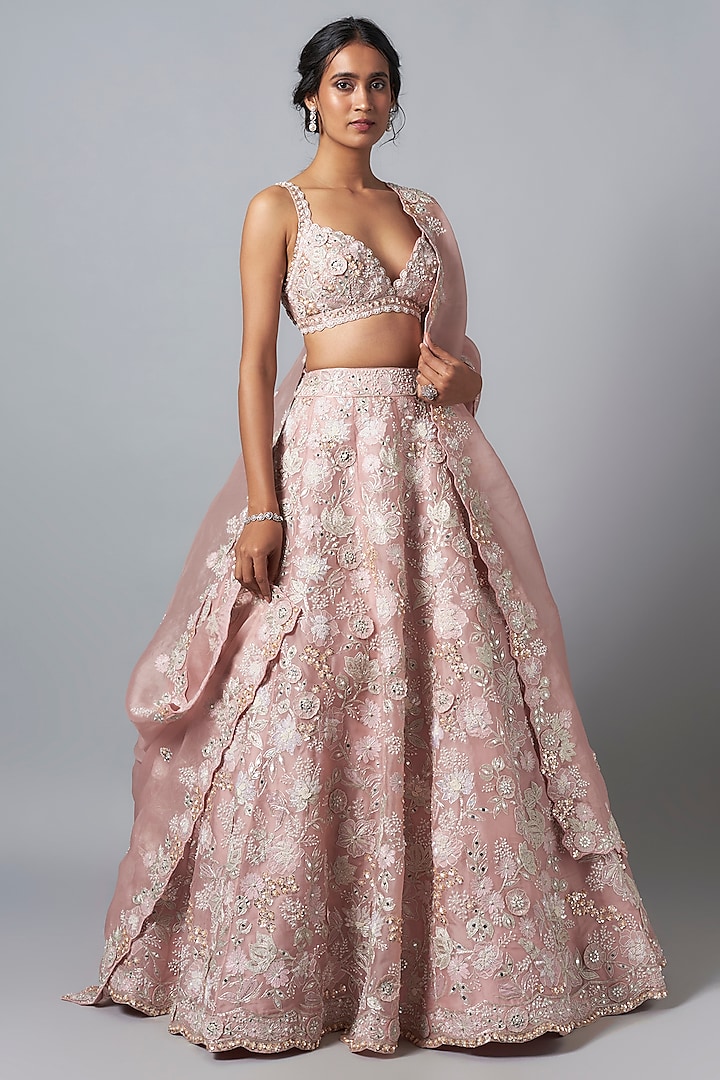 Lilac Silk Organza Applique Embroidered Bridal Lehenga Set by Aneesh Agarwaal at Pernia's Pop Up Shop